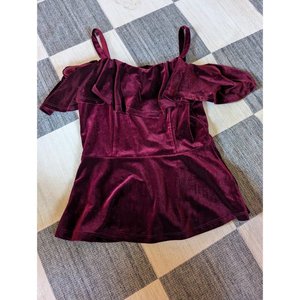 Moulinette Soeurs Anthropologie Velvet Cold Shoulder Peplum Top Wine Burgundy S‎